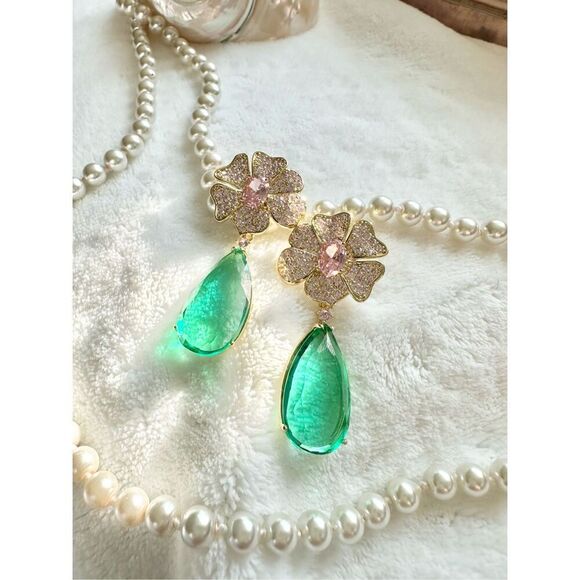 Mint green and light pink teardrop flower cubic zirconia dangle earrings ￼ - Picture 9 of 11